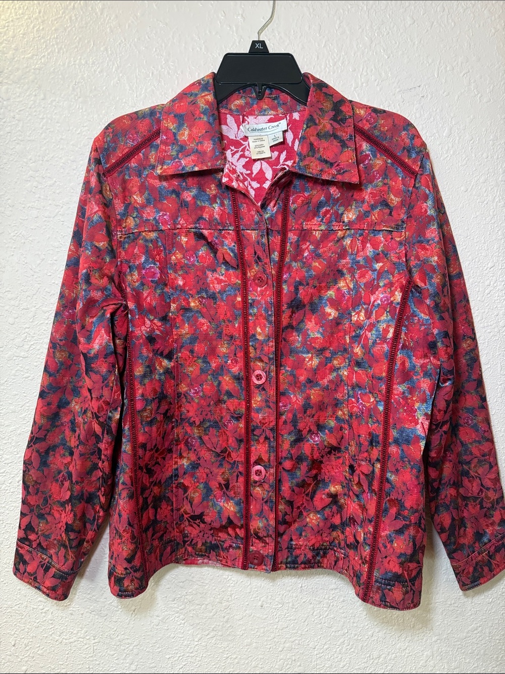 Coldwater Creek Red Floral Button-Front Jean Jacket